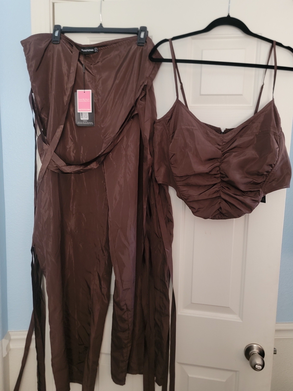 PrettyLittleThing Brown Satin Ruched Crop Top & Long Pants Set